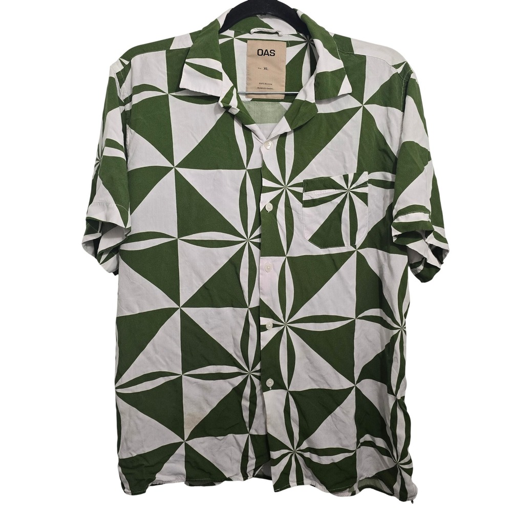OAS Mens XL Short Sleeve Viscose Button Up Shirt Green White Geometric Pattern